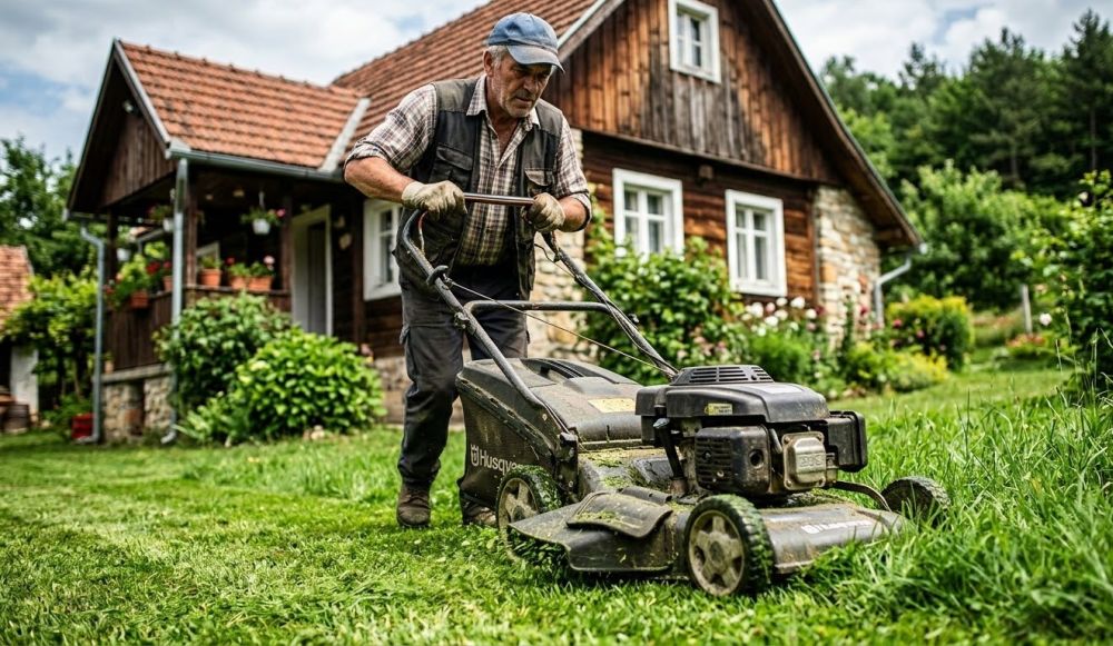 Košenje trave ispred vikendice