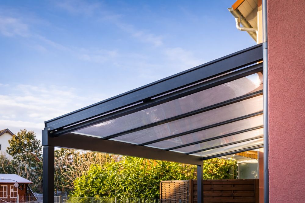 Moderna pergola sa čvrstom konstrukcijom koja štiti balkon od sunca i padavina