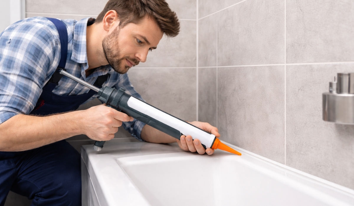 Majstor nanosi novi silikon oko kade u kupatilu pomoću pištolja za silikon