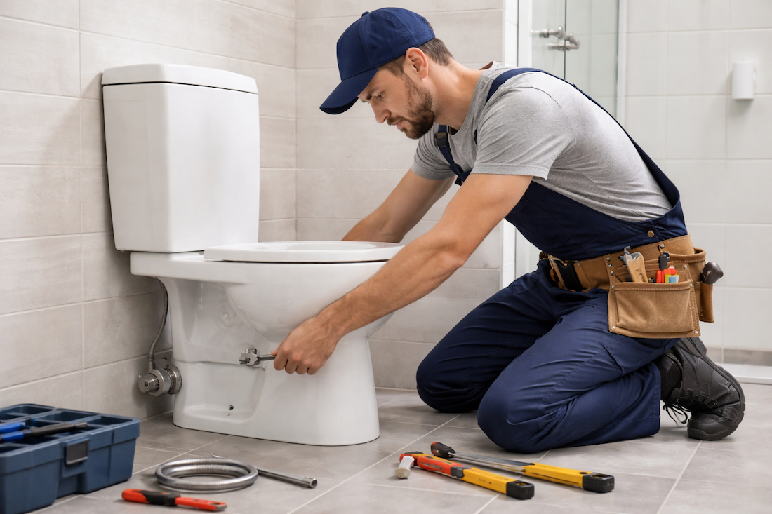 Majstor kleči na podu kupatila i montira WC šolju pomoću ključa i alata