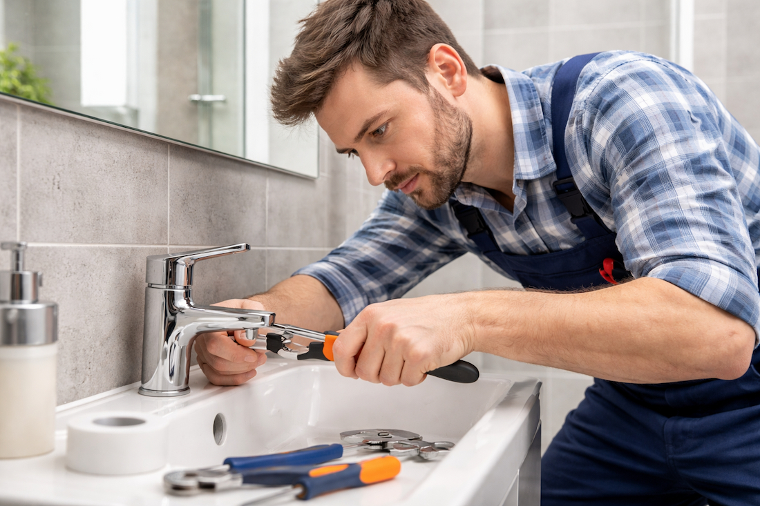 Majstor popravlja slavinu na lavabou u kupatilu koristeći ključ i osnovni alat