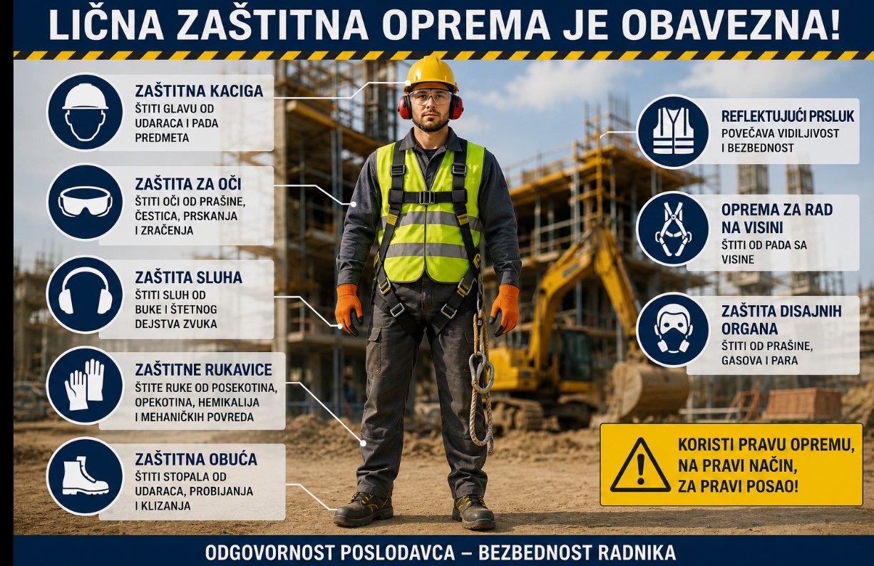 Infografik o obaveznoj ličnoj zaštitnoj opremi na gradilištu, sa radnikom koji nosi kacigu, zaštitu za oči i sluh, reflektujući prsluk, rukavice, zaštitnu obuću i opremu za rad na visini.